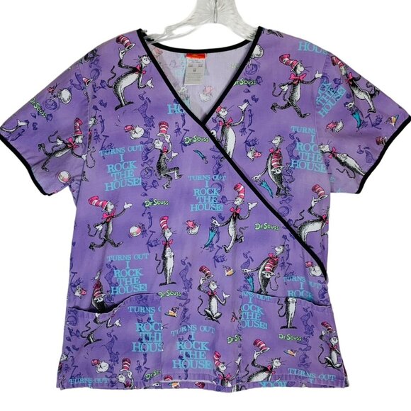 Dr Seuss Scrub Top Size M Cat In Hat Rock Mock Wrap Healthcare EVS Work Uniform - Picture 14 of 15